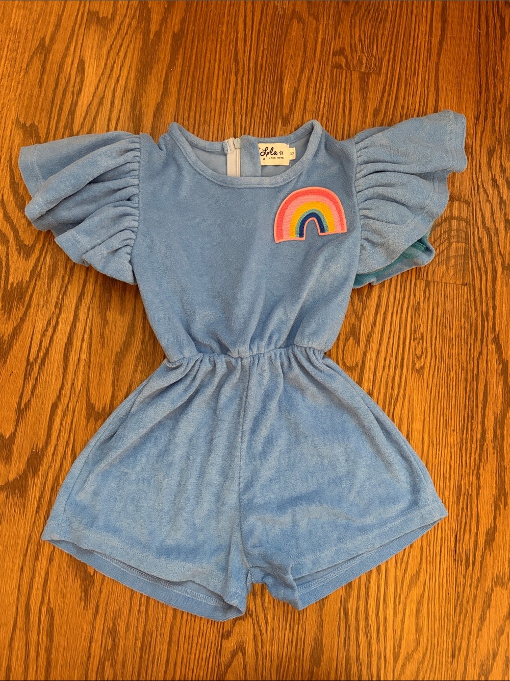 lola Light Blue Terry Short Romper with Rainbow Patch